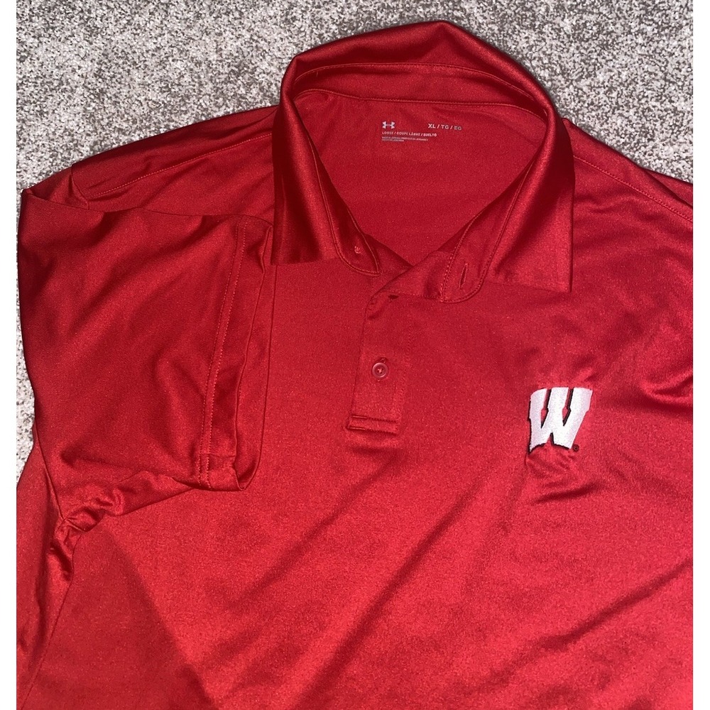 Under Armour Wisconsin‎ Badge Polo Red Mens XL NCAA Performance Active Game Day